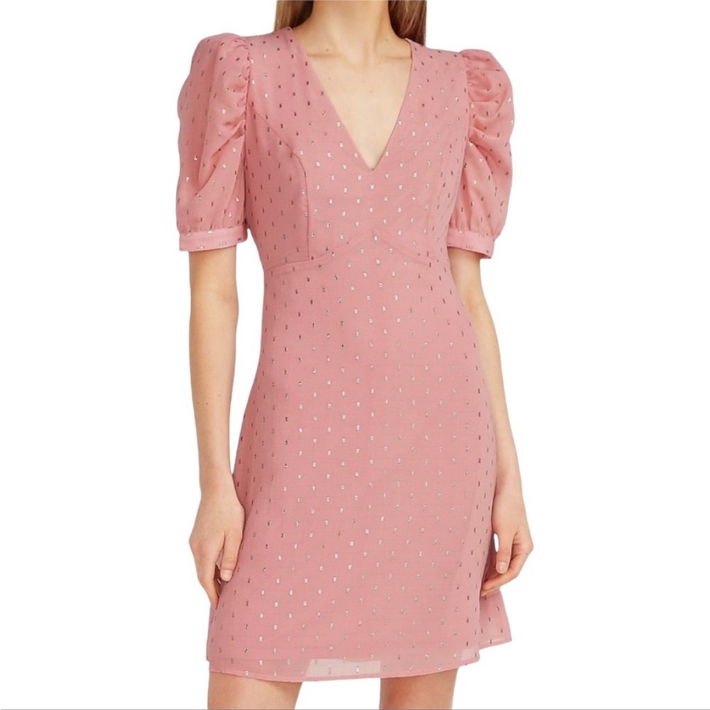 NWOT Express Metallic Clip Dot Dress Puff Sleeves Fit And Flare Pink Sz M